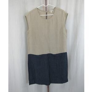 Garnet Hill Size 10 100% Linen Navy Tan Sleeveless Shift Mini Dress Pockets